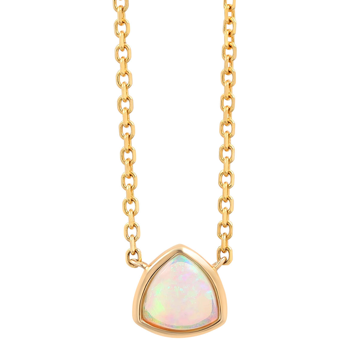 Trillion Cabochon White Opal Bezel Set Necklace in Yellow Gold, 18