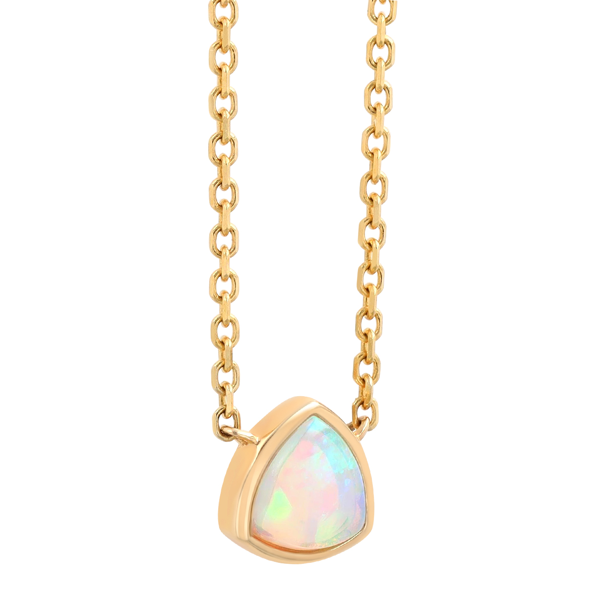 Trillion Cabochon White Opal Bezel Set Necklace in Yellow Gold, 18