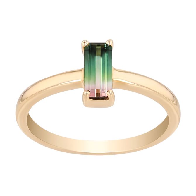 Straight Baguette Watermelon Tourmaline Ring in Yellow Gold