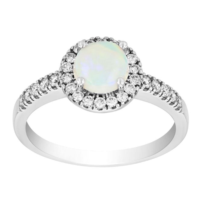 Round Cabochon Opal & Diamond Halo Ring in White Gold