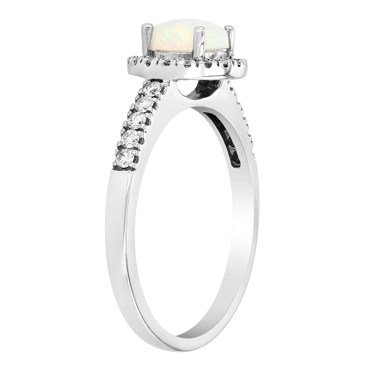 Round Cabochon Opal & Diamond Halo Ring in White Gold