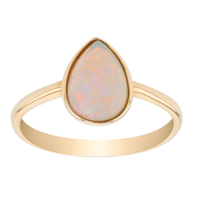 Pear Shaped Cabochon White Opal Bezel Set Ring in Yellow Gold