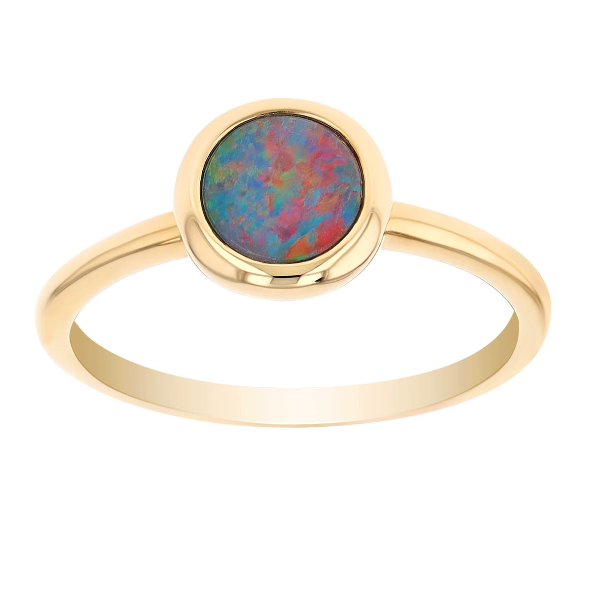 Bezel Set Round Cabochon Black Opal Ring in Yellow Gold