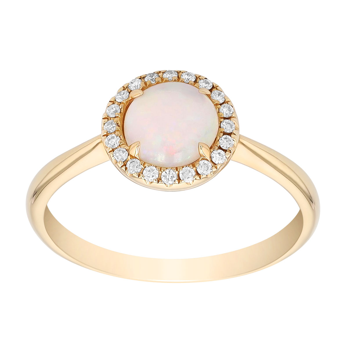 Round Cabochon Opal & Diamond Halo Ring in Yellow Gold