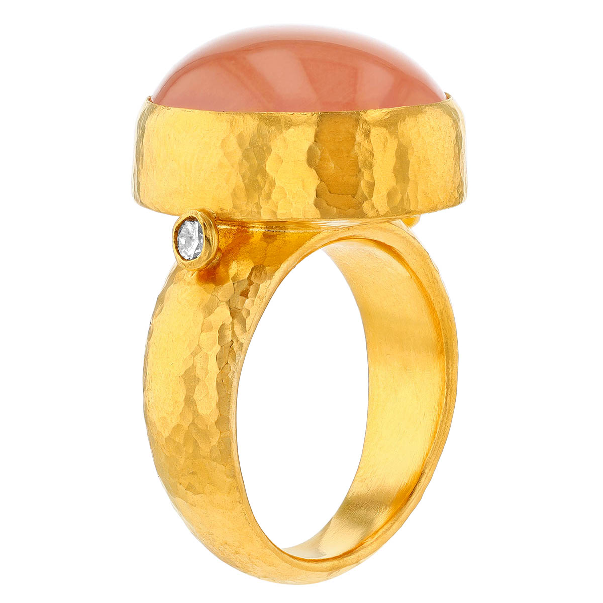 Gurhan Oval Cabochon Rose Quartz Bezel Set Ring in Yellow Gold with Diamond Accents