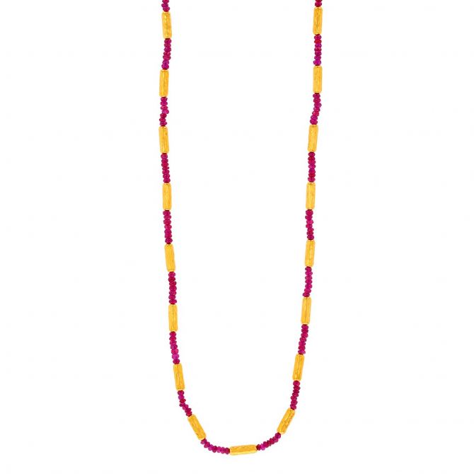 Gurhan Ruby Bead & Yellow Gold Bar Station Necklace, 16"