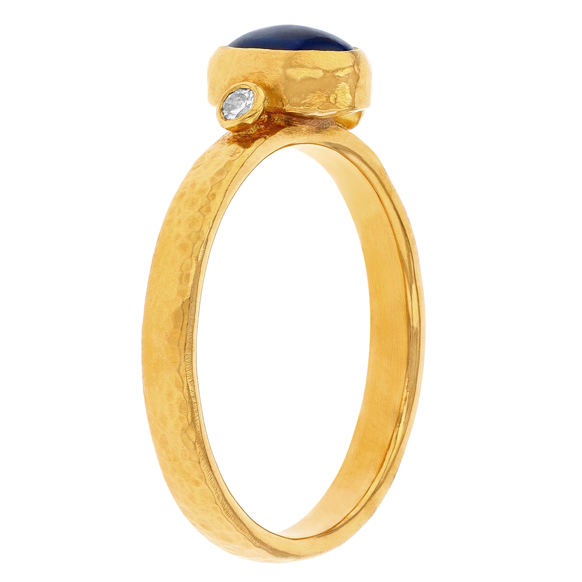 Gurhan Oval Blue Kyanite Cabochon & Diamond Bezel Set Ring in 24K Yellow Gold