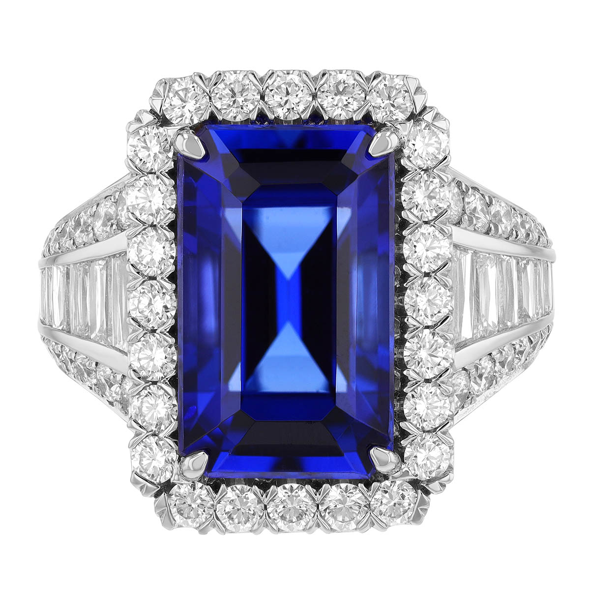 Emerald Cut Tanzanite & Multi-Shape Diamond Ring in Platinum