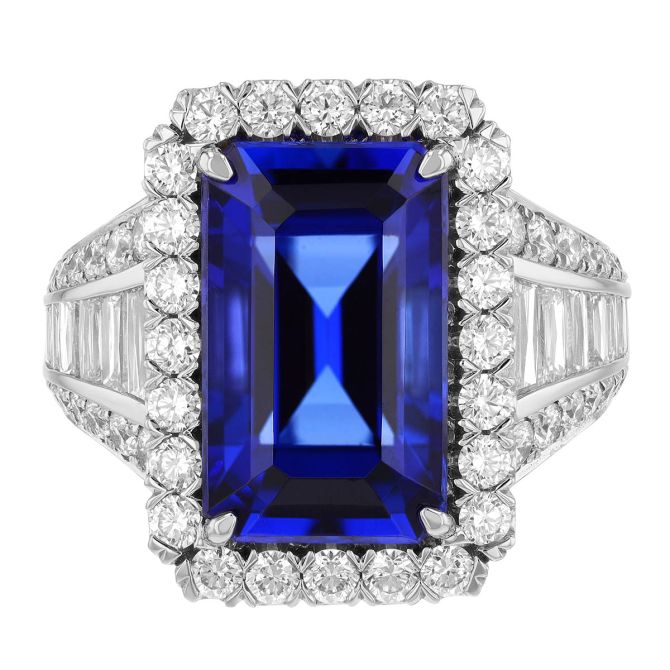 Emerald Cut Tanzanite & Multi-Shape Diamond Ring in Platinum