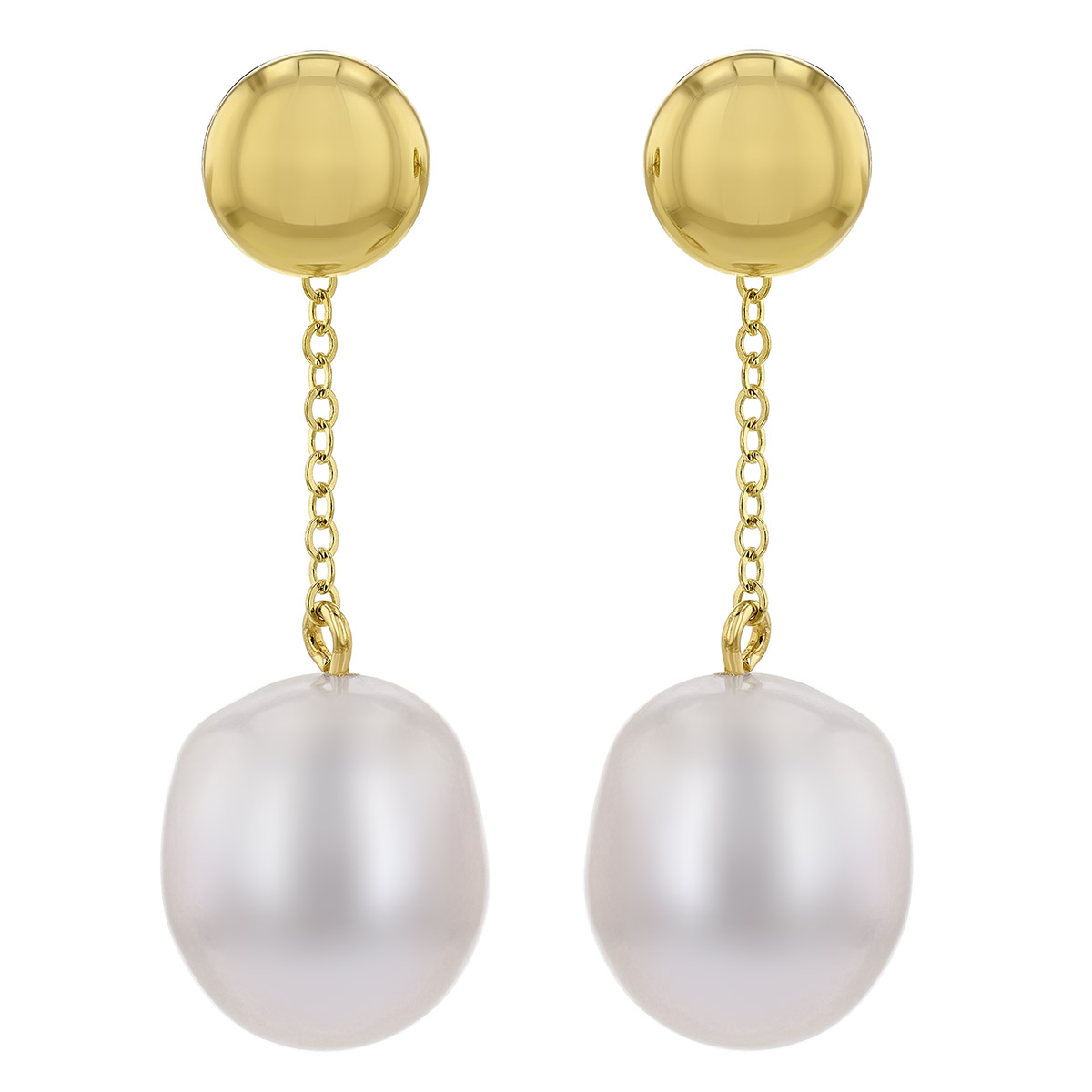 Cultured Pearl & Button Stud Dangle Earrings in Yellow Gold