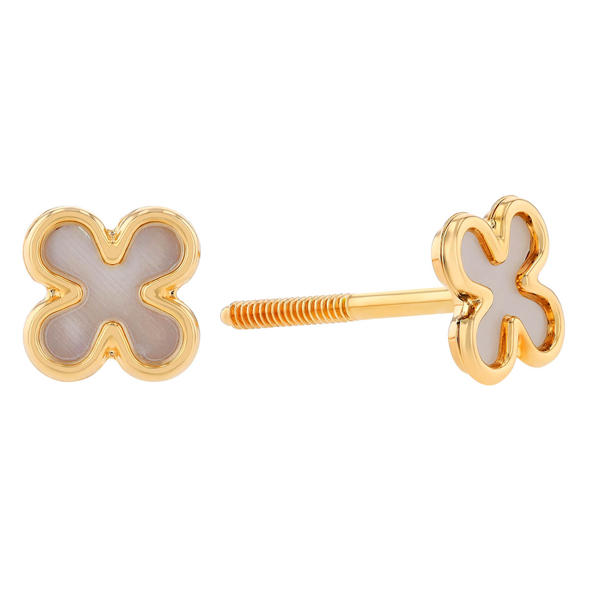 Children's Mother of Pearl Flower Stud Earrings in Yellow gold