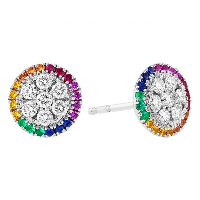 Frederic Sage Rainbow Sapphire Halo & Diamond Circle Earrings in White Gold