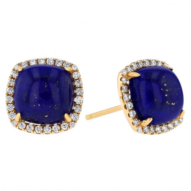 Frederic Sage Cushion Cabochon Lapis Lazuli & Diamond Halo Stud Earrings in Yellow Gold