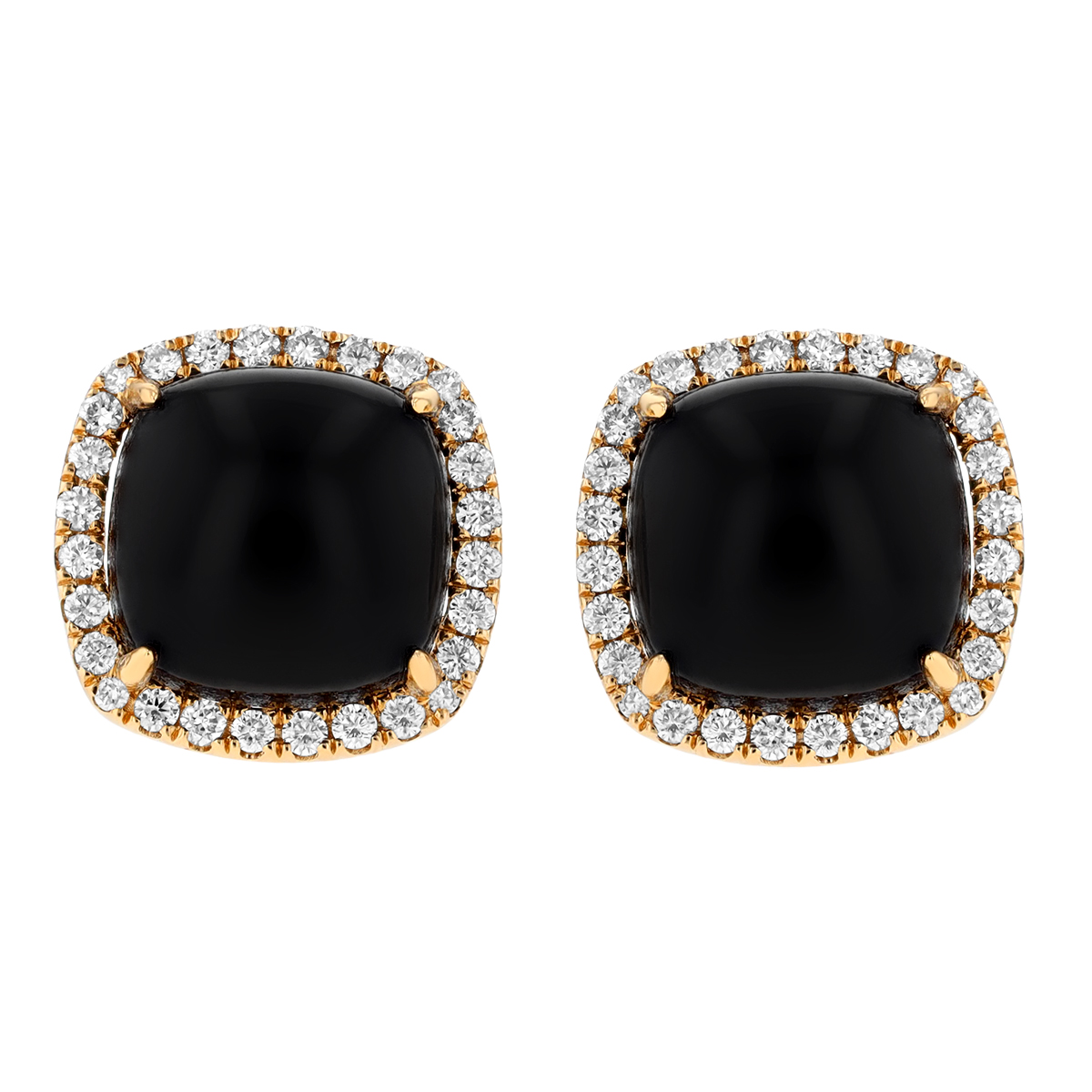 Frederic Sage Cushion Cabochon Black Onyx Chalcedony & Diamond Halo Stud Earrings in Yellow Gold