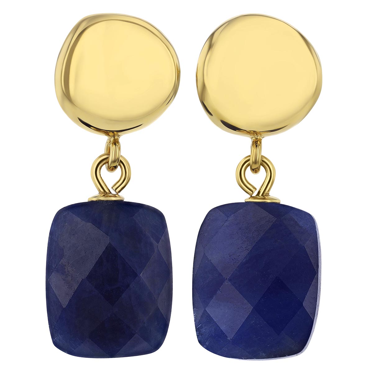 Cushion Checkerboard Sapphire Dangle Earrings in Yellow Gold