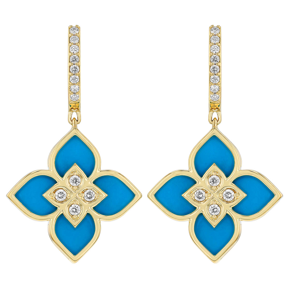 Roberto Coin Venetian Princess Turquoise & Diamond Flower Dangle Hoop Earrings in Yellow Gold