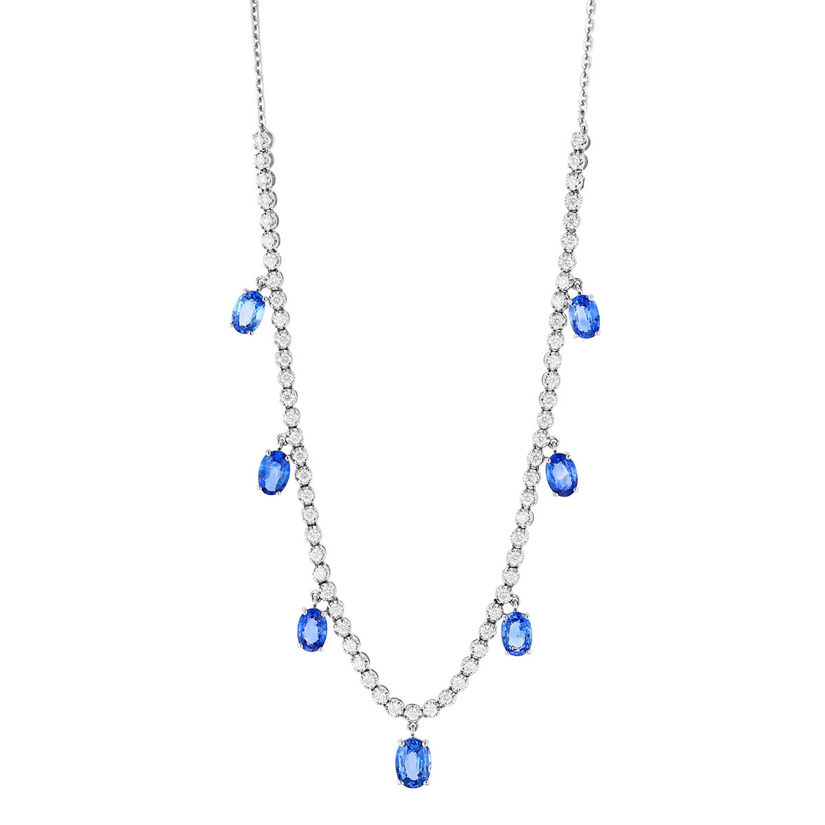 Oval Sapphire Drop Station & Diamond Necklace in White Gold, 16