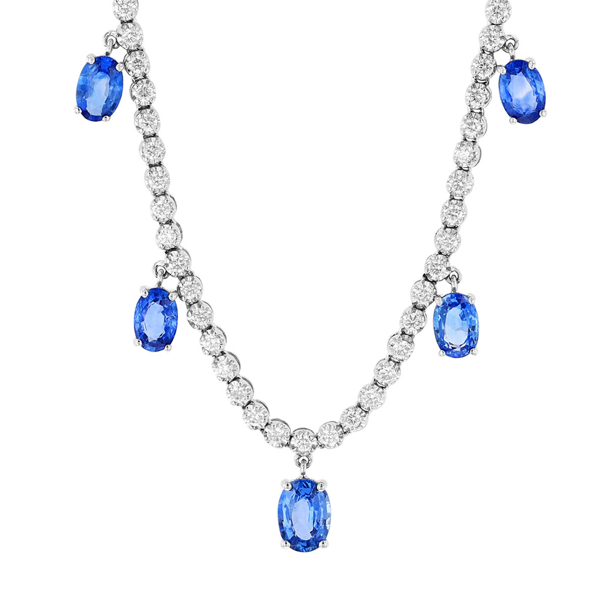 Oval Sapphire Drop Station & Diamond Necklace in White Gold, 16
