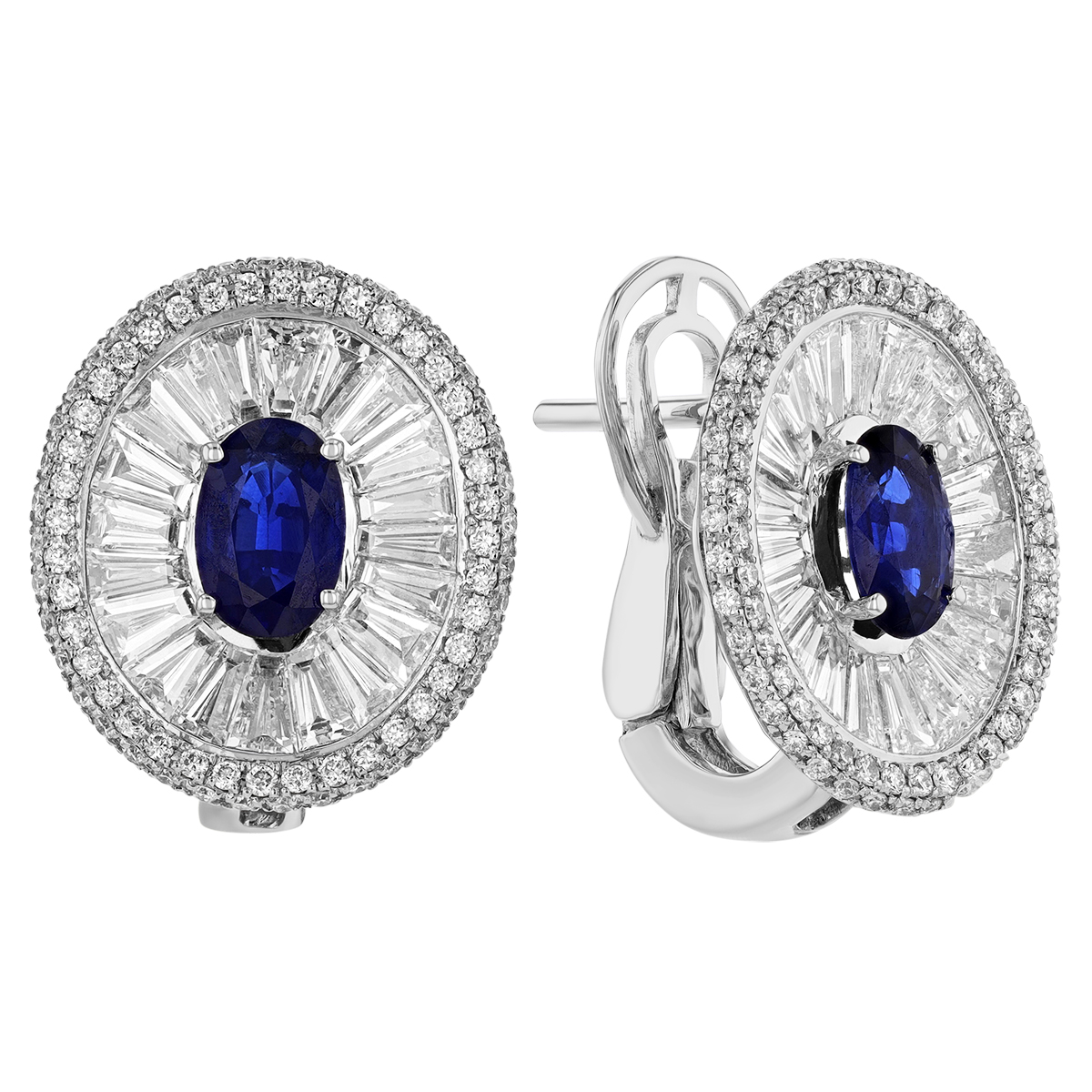 Oval Sapphire & Tapered Baguette Diamond Drop Earrings in White Gold