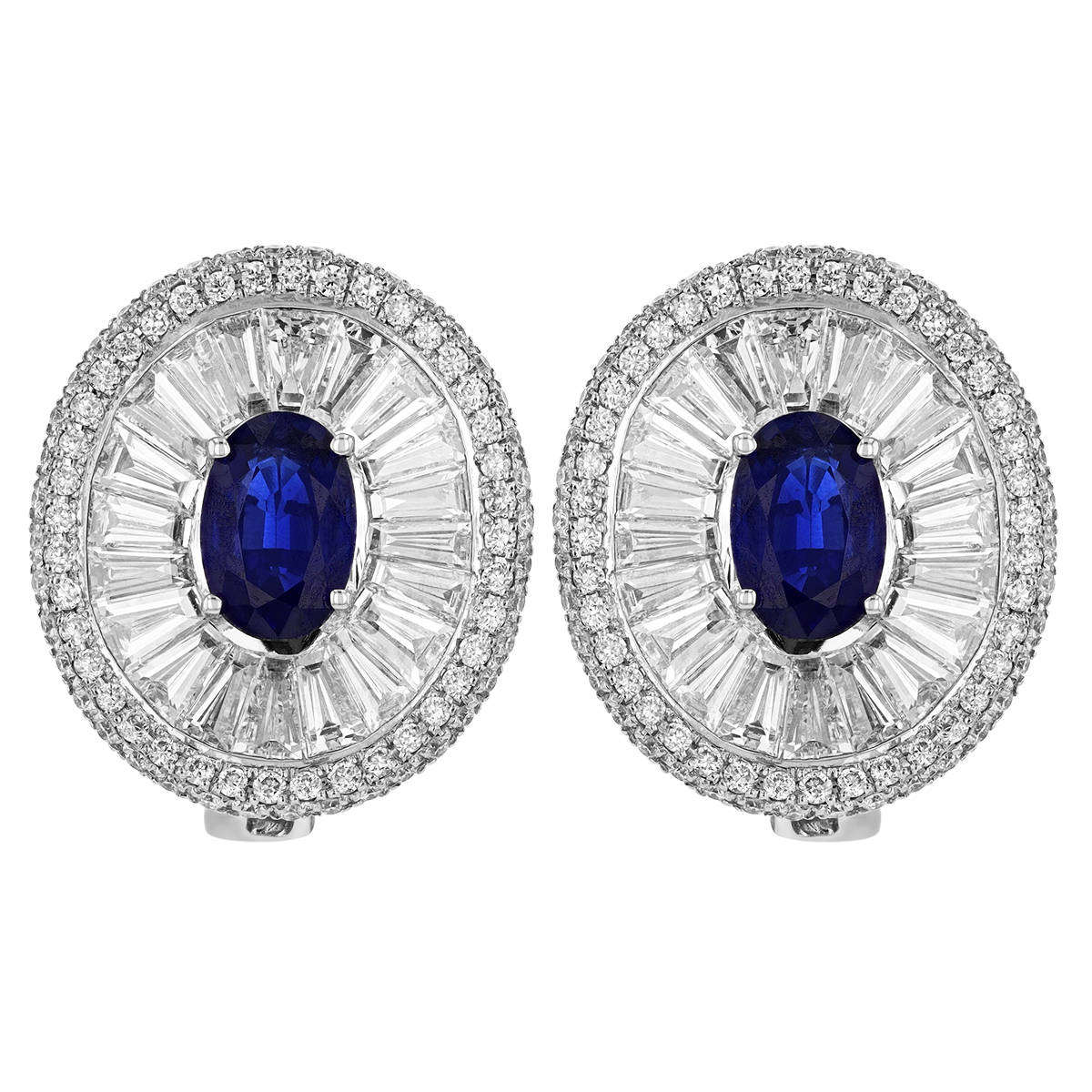 Oval Sapphire & Tapered Baguette Diamond Drop Earrings in White Gold