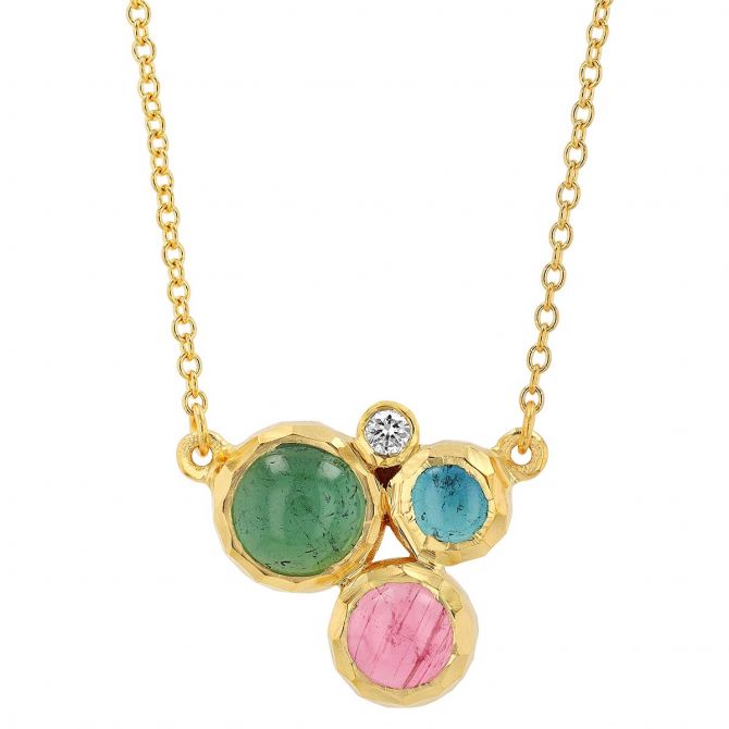 Marika Multicolored Round Cabochon Tourmaline & Diamond Bezel Cluster Pendant in Yellow Gold, 18"
