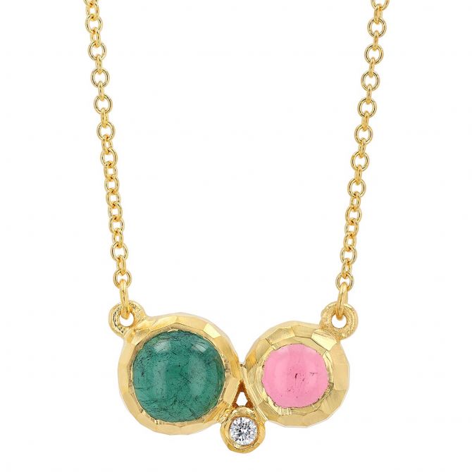Marika Multicolored Round Cabochon Tourmaline & Diamond Bezel 3 Stone Pendant in Yellow Gold, 18"