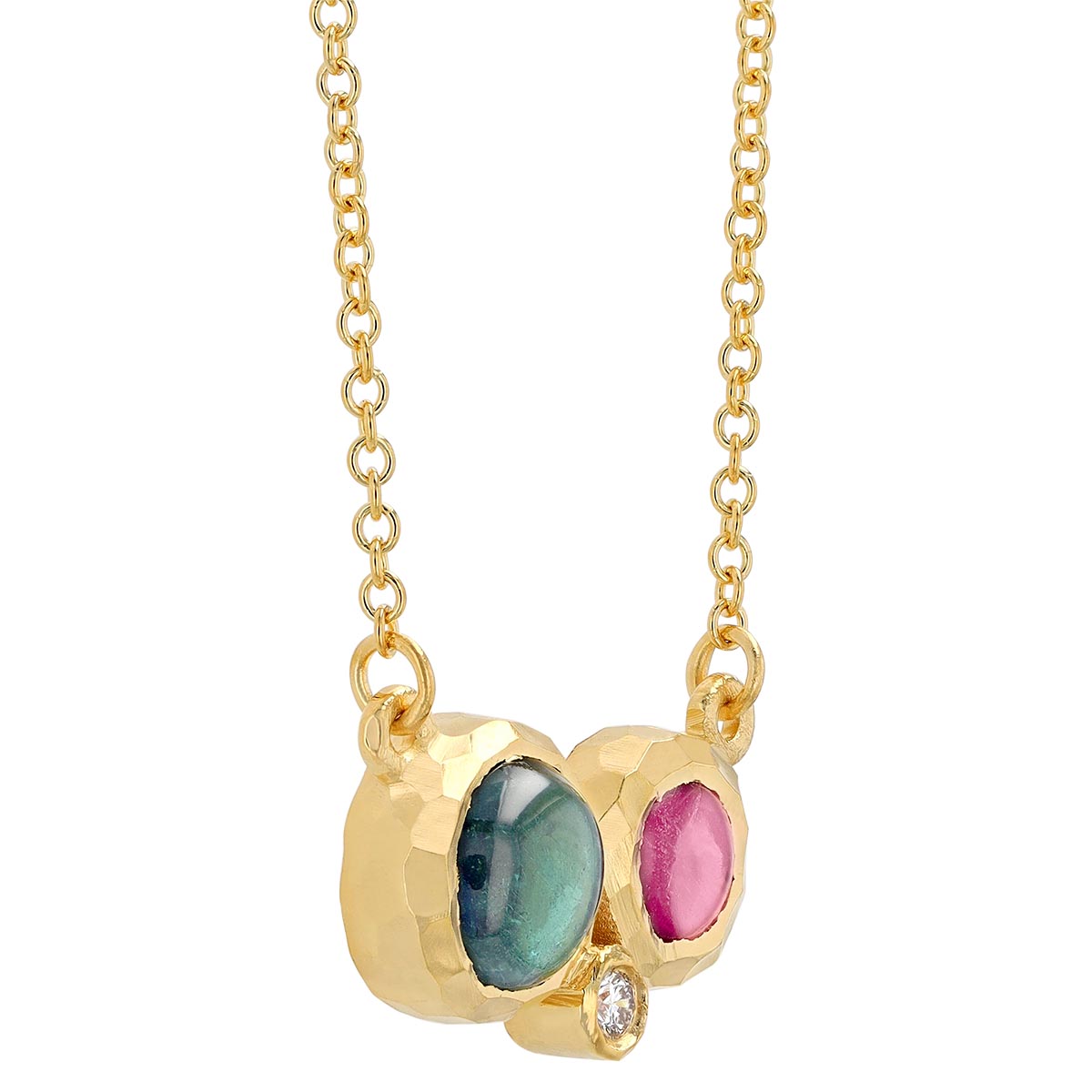 Marika Multicolored Round Cabochon Tourmaline & Diamond Bezel 3 Stone Pendant in Yellow Gold, 18