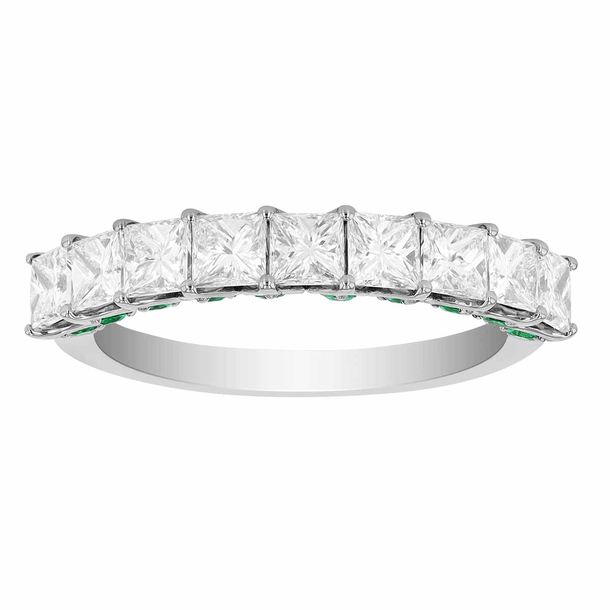 Princess Cut Diamond & Round Emerald Ring in White Gold