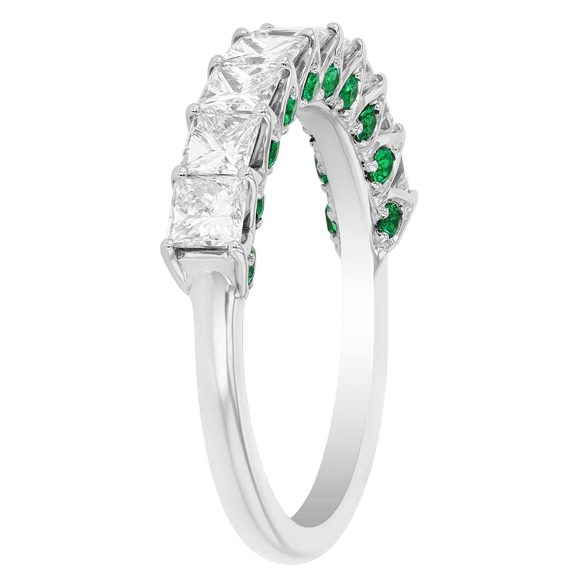 Princess Cut Diamond & Round Emerald Ring in White Gold