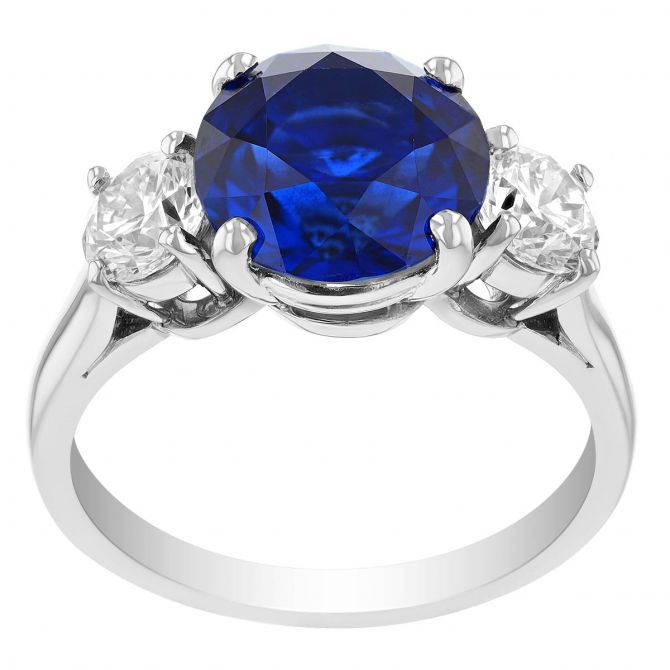 Oscar Heyman Round Sapphire & Diamond Side Stone Ring in Platinum