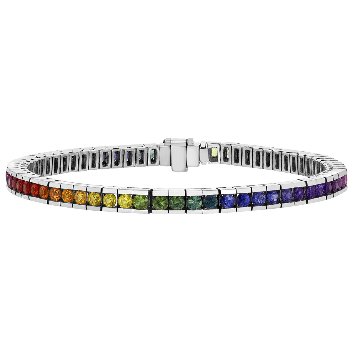 Round Multicolored Rainbow Sapphire Channel Set Tennis Bracelet in White Gold, 7