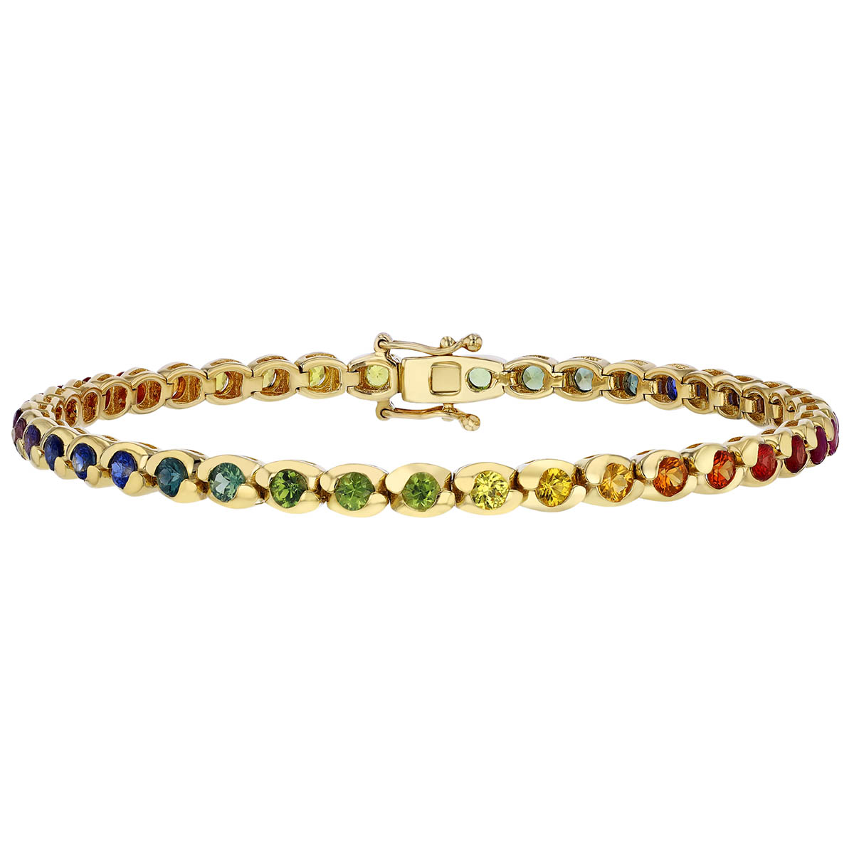 Round Multicolored Rainbow Sapphire Swirl Bezel Tennis Bracelet in Yellow Gold, 7