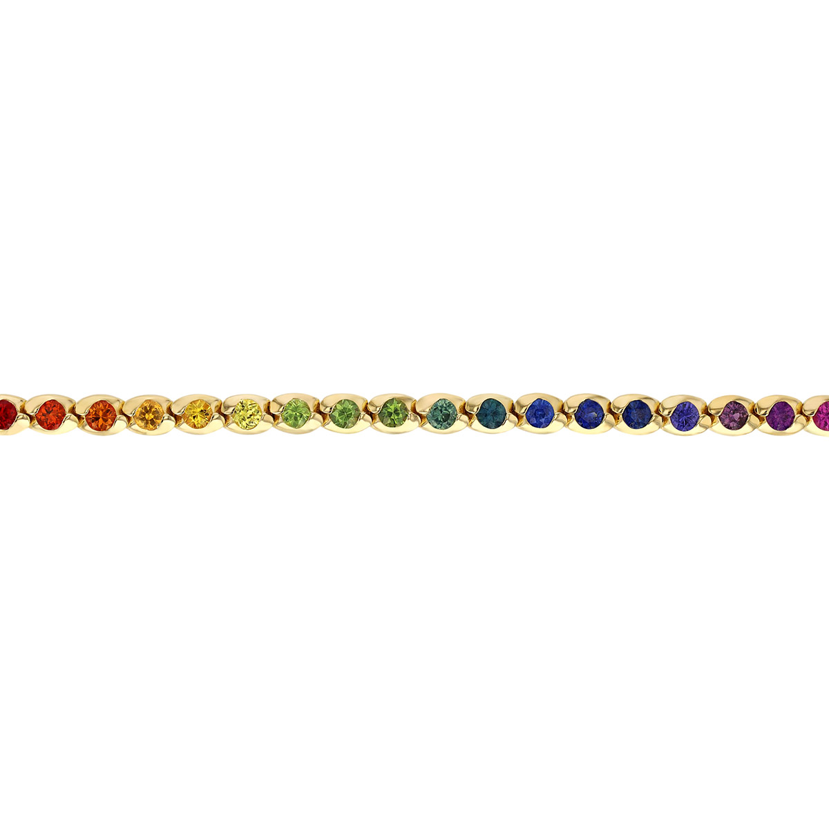 Round Multicolored Rainbow Sapphire Swirl Bezel Tennis Bracelet in Yellow Gold, 7