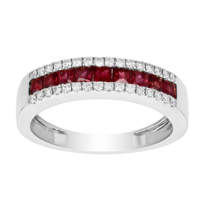 Princess Cut Ruby & Diamond Channel Set Ring in White Gold, 1.03 tw