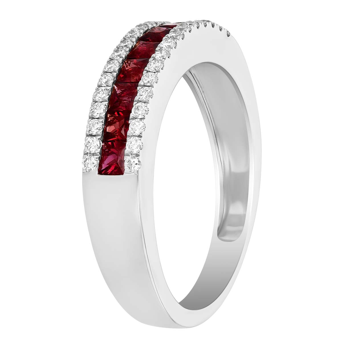 Princess Cut Ruby & Diamond Channel Set Ring in White Gold, 1.03 tw