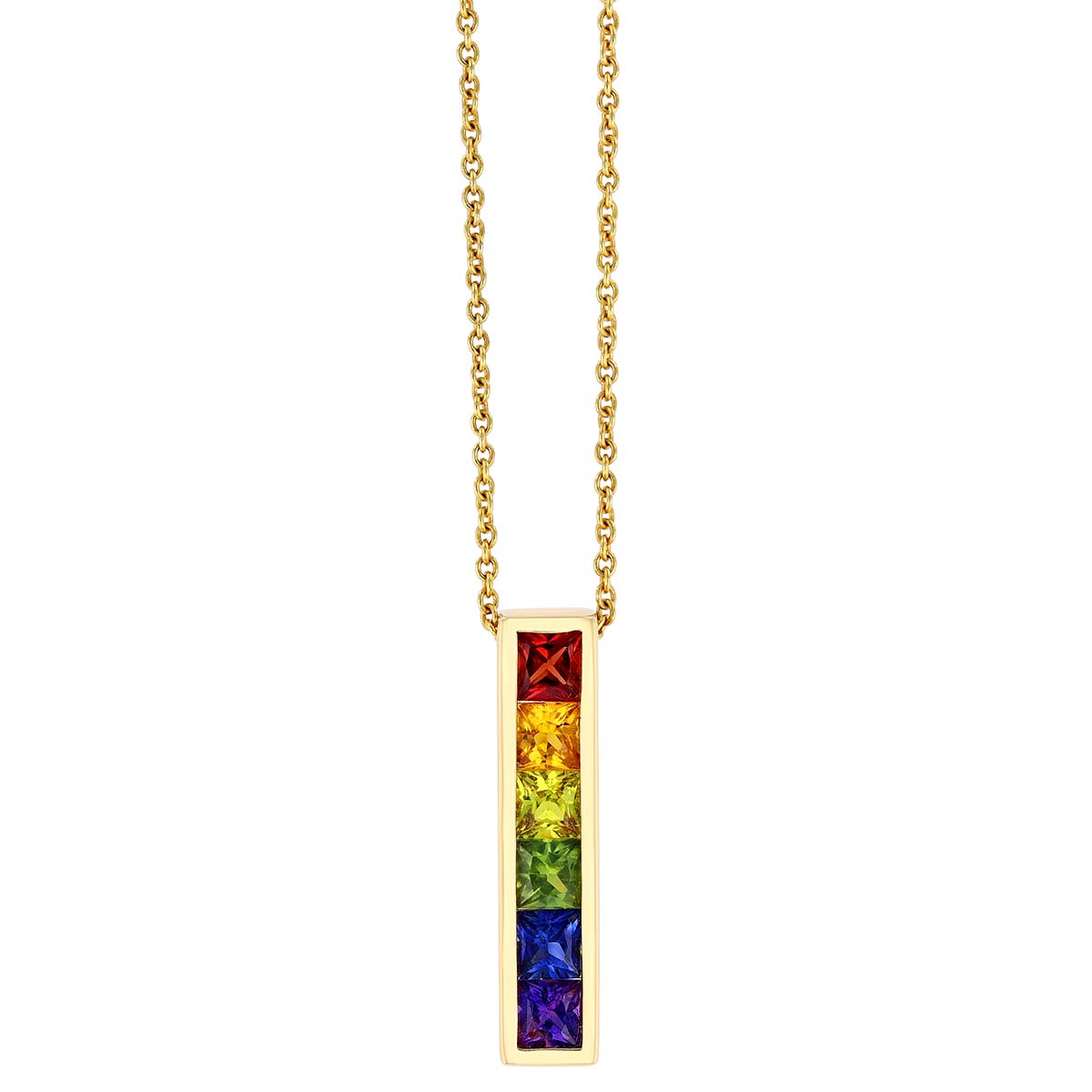 Princess Cut Multicolored Sapphire Channel Set Pendant in Yellow Gold