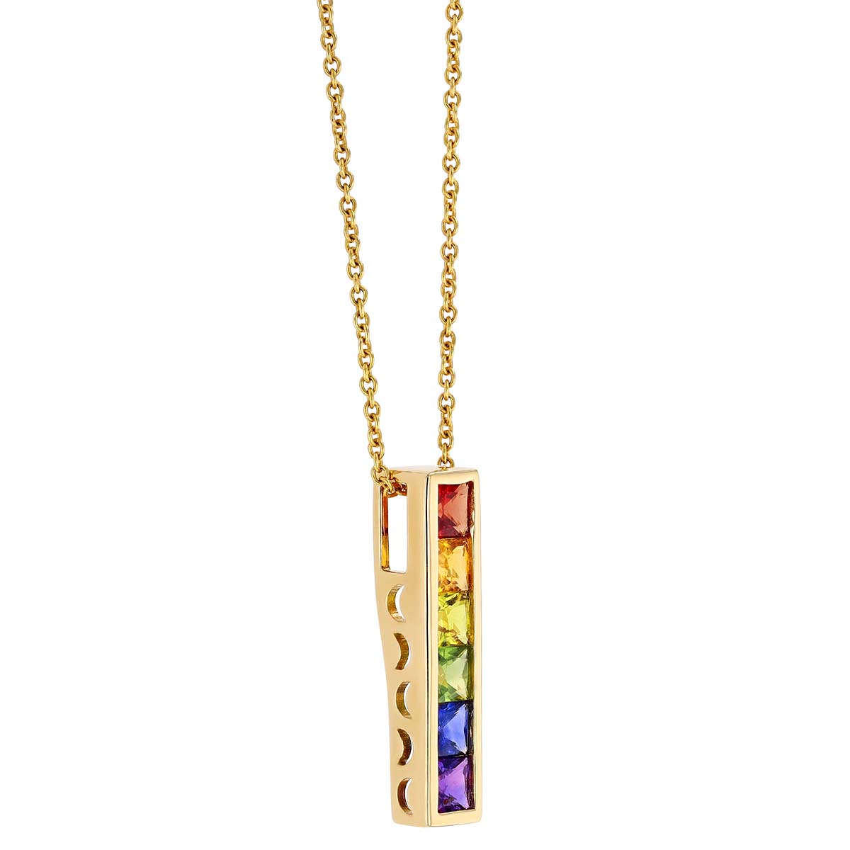 Princess Cut Multicolored Sapphire Channel Set Pendant in Yellow Gold