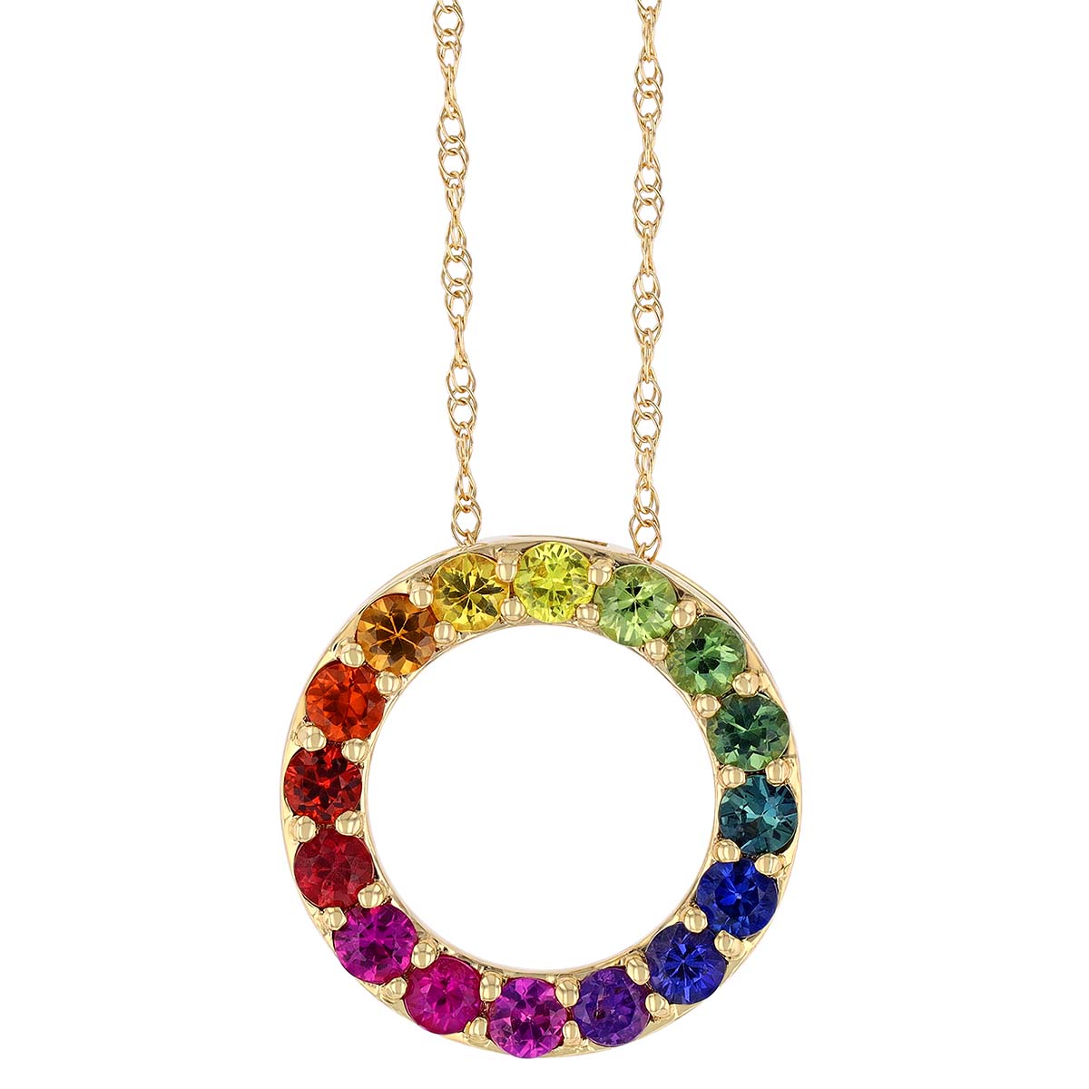 Multicolored Sapphire Open Circle Pendant in Yellow Gold