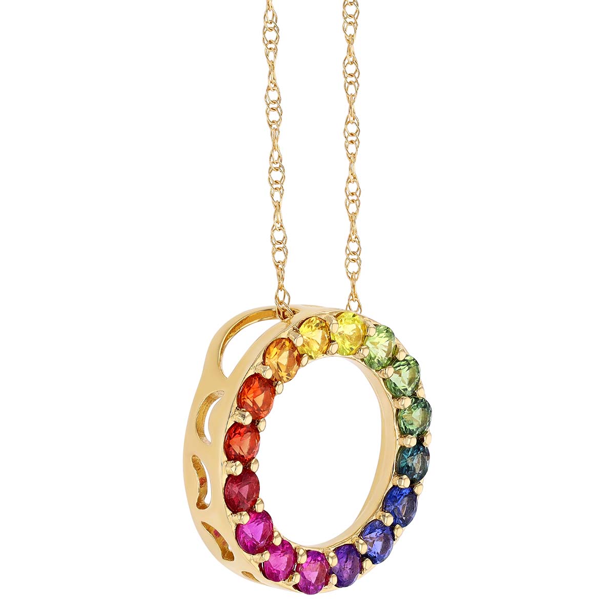 Multicolored Sapphire Open Circle Pendant in Yellow Gold