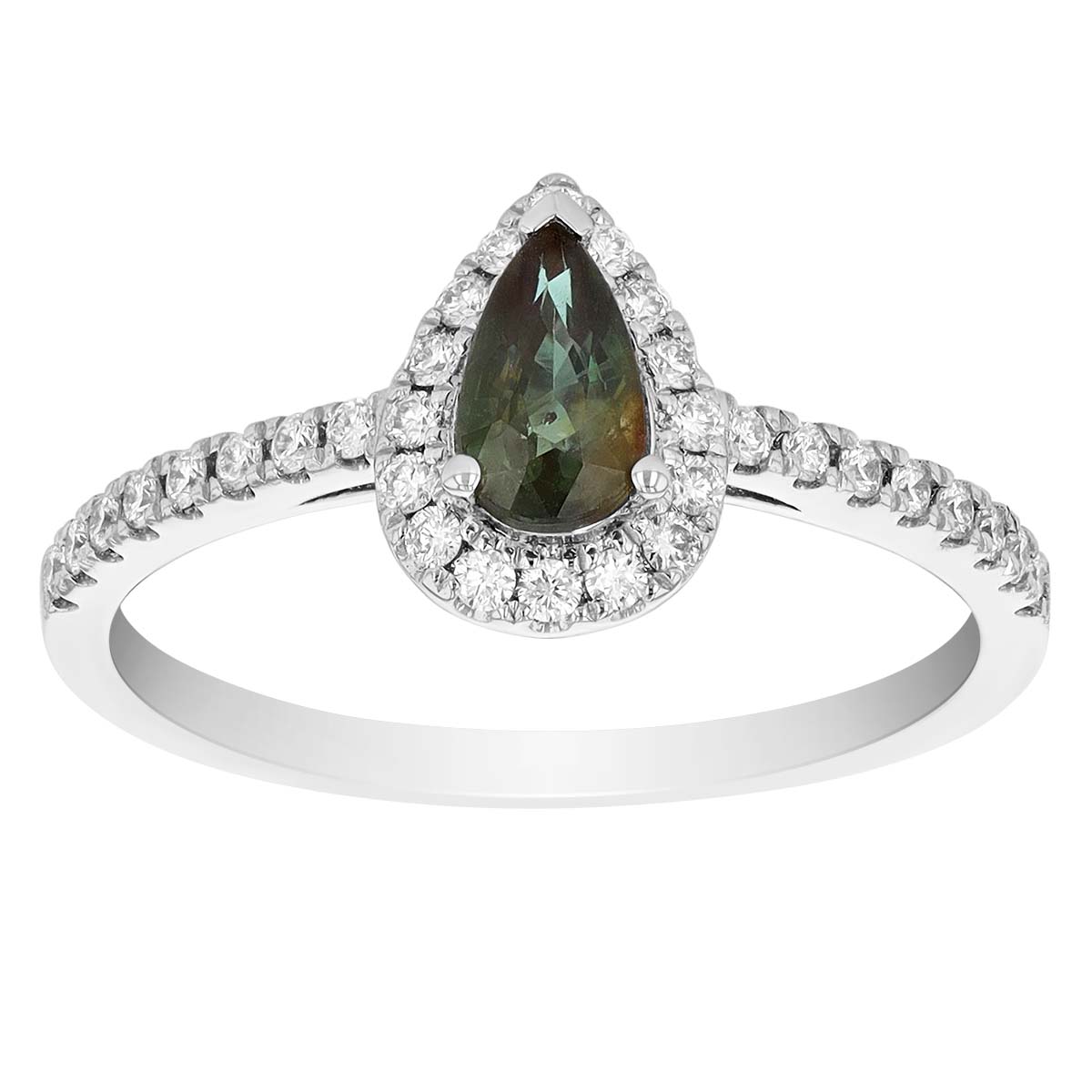 Pear Shaped Alexandrite & Diamond Halo Ring in White Gold