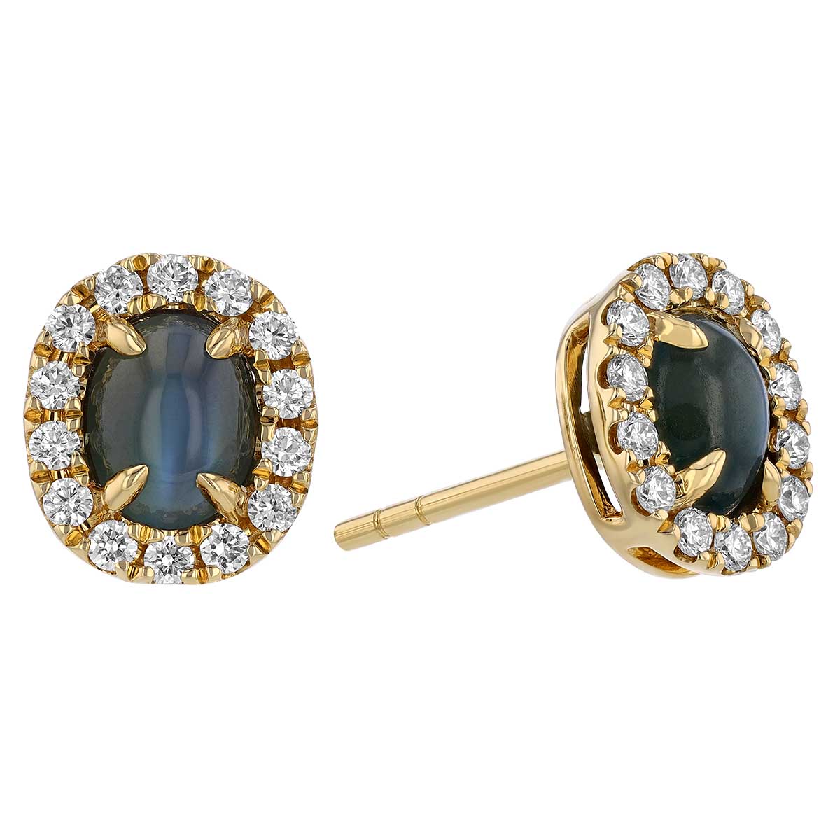 Oval Cabochon Cats Eye Alexandrite & Diamond Halo Stud Earrings in Yellow Gold