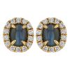 Oval Cabochon Cats Eye Alexandrite & Diamond Halo Stud Earrings in Yellow Gold