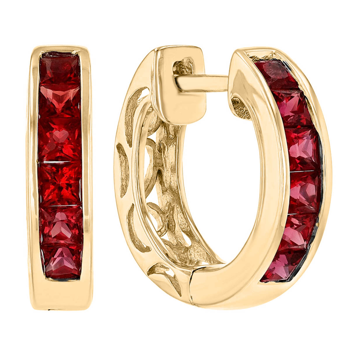 Princess Cut Ruby Channel Set Hoop Earrings in Yellow Gold
