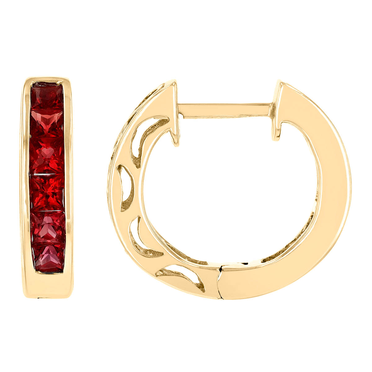 Princess Cut Ruby Channel Set Hoop Earrings in Yellow Gold