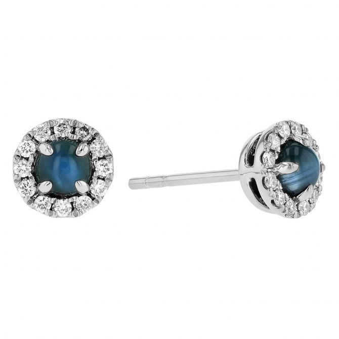 Round Cabochon Cats Eye Alexandrite & Diamond Halo Stud Earrings in White Gold