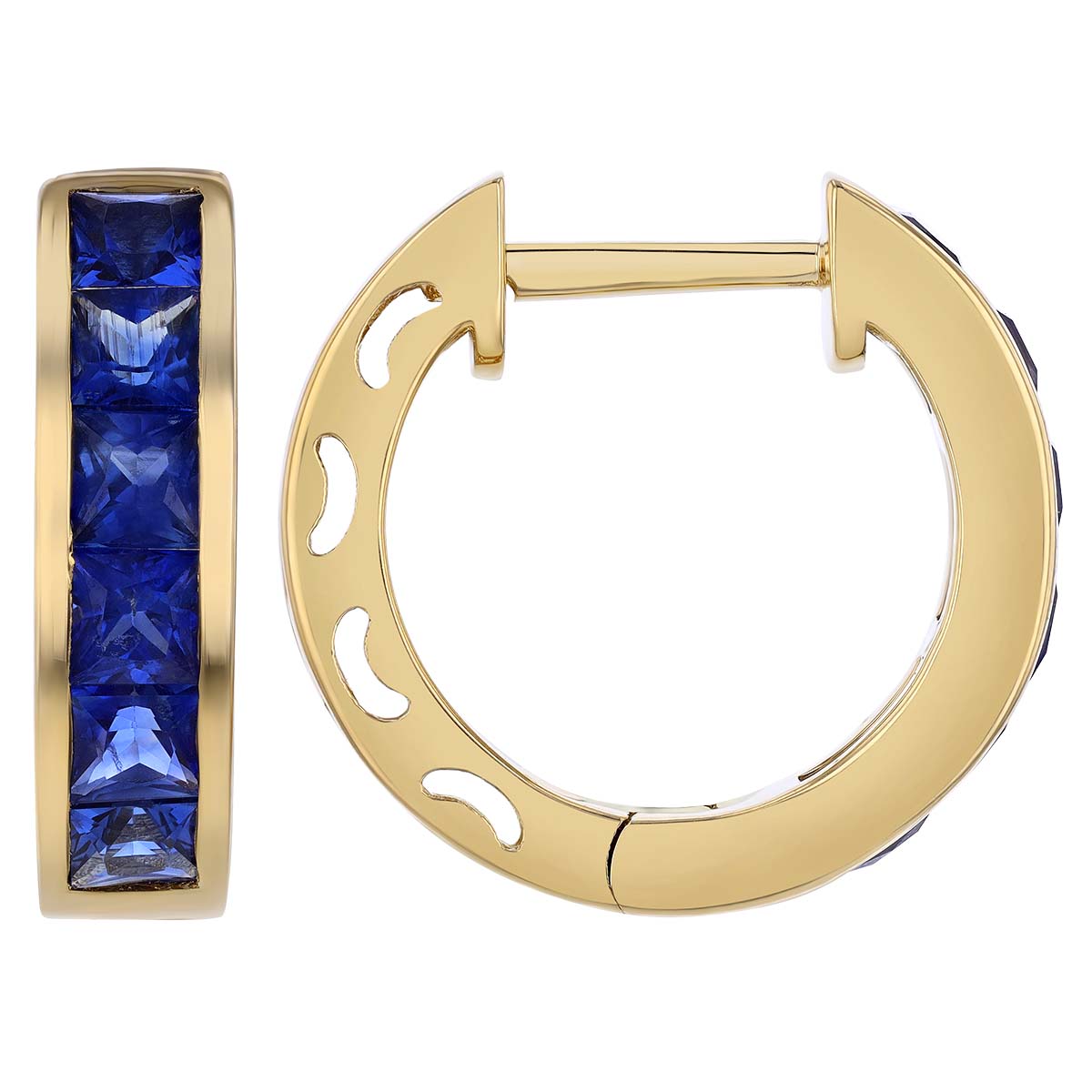 Princess Cut Sapphire Channel Set Hoop Earrings in Yellow Gold