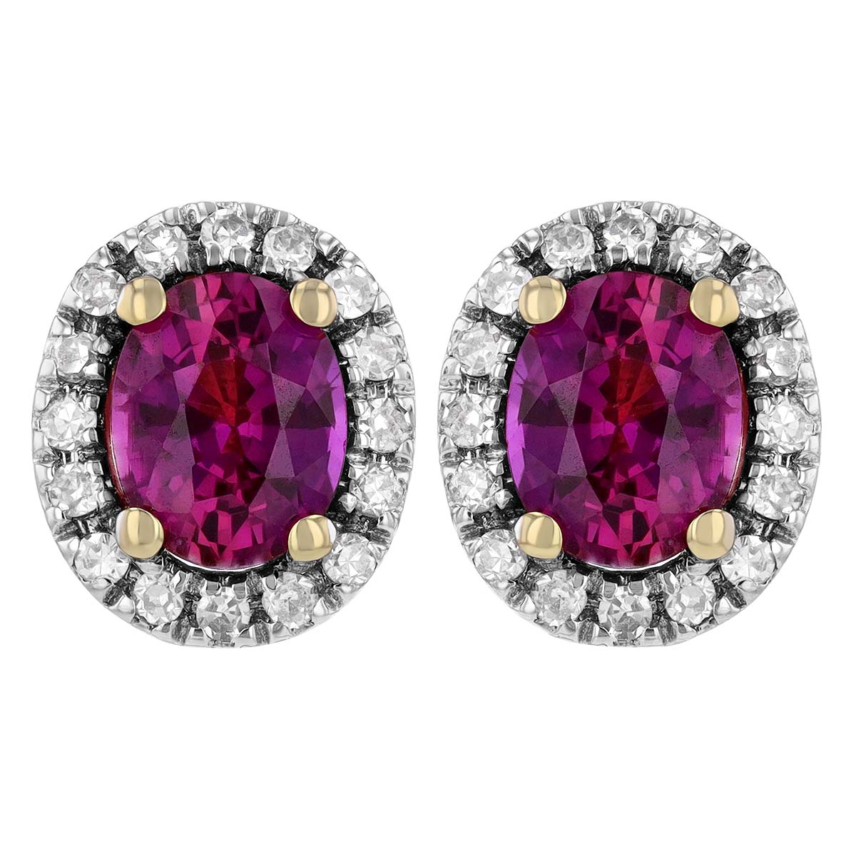 Oval Pink Sapphire & Diamond Halo Stud Earrings in Yellow Gold