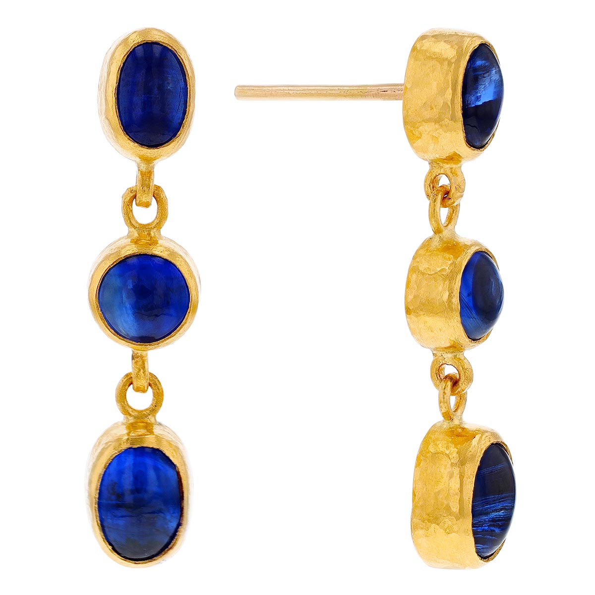 Gurhan Cabochon Blue Kyanite Bezel Set Triple Dangle Earrings in Yellow Gold