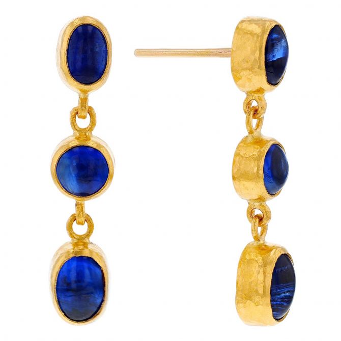 Gurhan Cabochon Blue Kyanite Bezel Set Triple Dangle Earrings in Yellow Gold