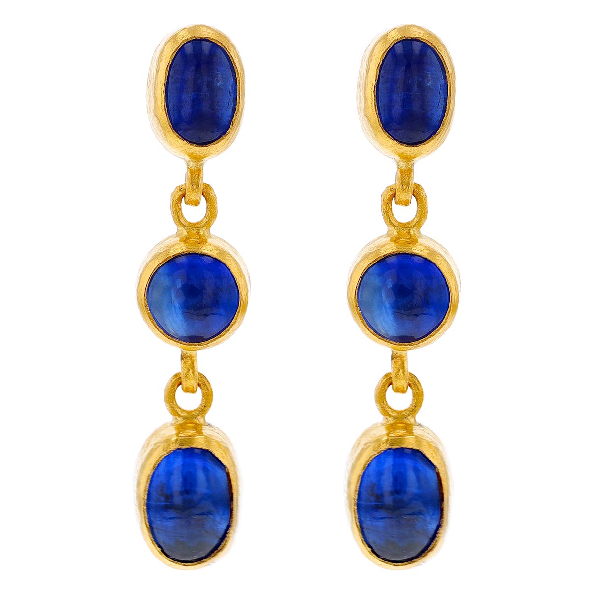 Gurhan Cabochon Blue Kyanite Bezel Set Triple Dangle Earrings in Yellow Gold
